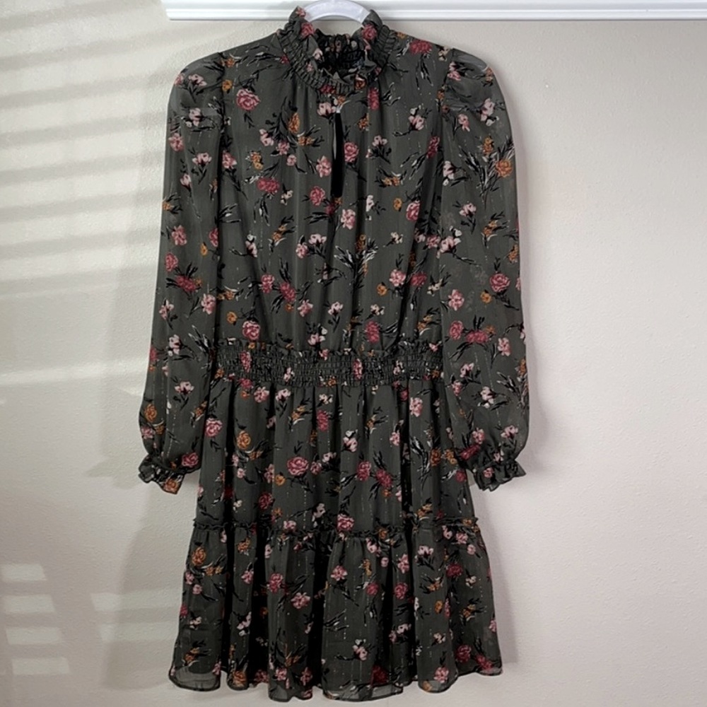 DREW Floral Print High Neck Ruffle Smocked Chiffon Mini Dress Green Sz Small